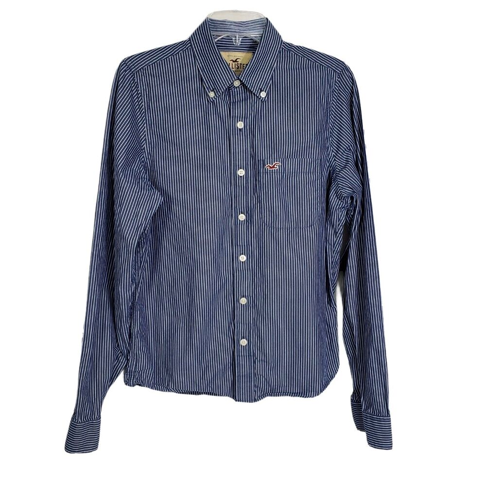 Hollister Mens Shirt Size Medium Striped Long Sleeve Button Up Pocket Blue White